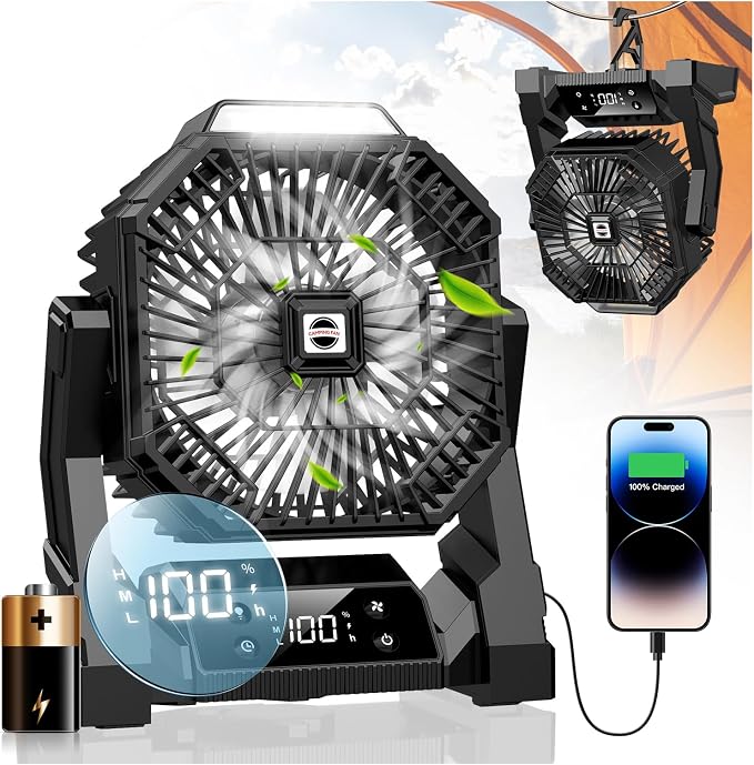 Portable Camping Fan with LED Lantern, 15000mAh Rechargeable Battery Operated Fan with 3 Speeds & Digtal, Personal USB Table for Camping Essential ＆ Hurricane-Ready