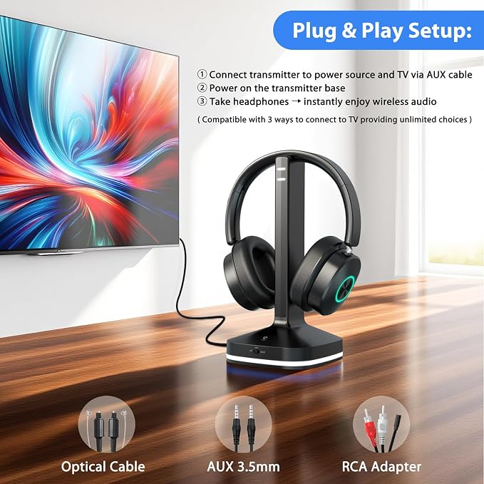 Wireless Headphones for TV Watching, TV Headphones Wireless for Seniors with Transmitter Charging Base, Over Ear Headset with 3 Audio Modes, No Audio Delay Blutooth 5.4, Gifts for Parents/Elderly