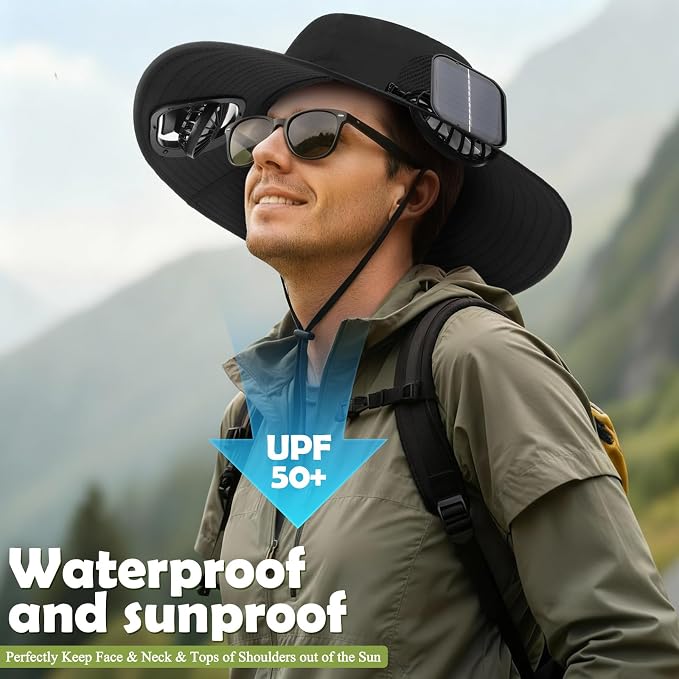 Berlune Sun Hat with 2 Solar Fan Wide Brim Fishing Bucket Hat USB & Solar for Men Women UPF 50+ Cooling for Fishing Beach