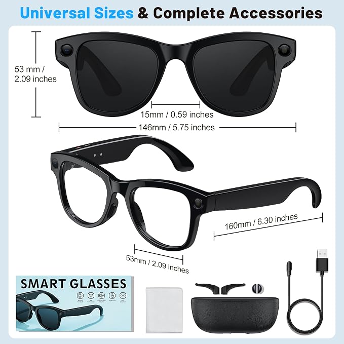 Smart Glasses with Camera with 3600mAh Charging Case, 8MP HD Video Recording with Anti-Shake POV Camera, AI Voice Assistant, AI Smart Glasses with AI Translation for Travel Vlog Business