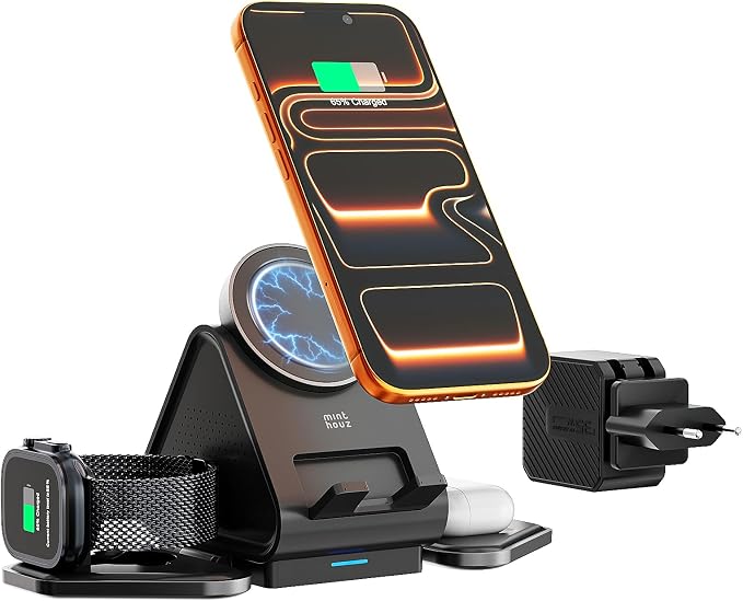 3 in 1 Charging Station, Mag Safe Wireless Charger Stand, Qi2-enable, 15W Multiple Device Magnetic Charging Station for iPhone 16,15,14,13,12 Series, Apple Watch, AirPods (USB-C Charger Included)