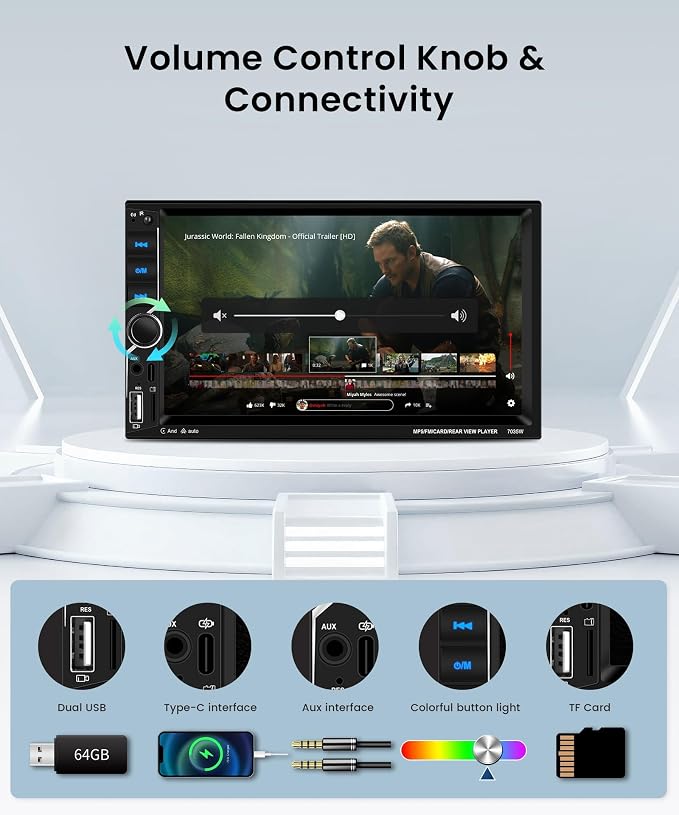 Double DIN Car Stereo with Wireless CarPlay Android Auto, 7 Inch Touchscreen Radio, Universal 2 Din Head Unit Bluetooth 5.0 FM SWC EQ USB-C Mirror Link Backup Camera