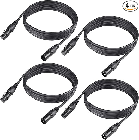 10ft/3.04m DMX Cable, 4 Pack, 3.04m DMX Cables, 3 Pin XLR Male to Female, Shielded, Soft PVC Sheath, Sturdy Metal Connector, Ideal for Stage & DJ Lighting