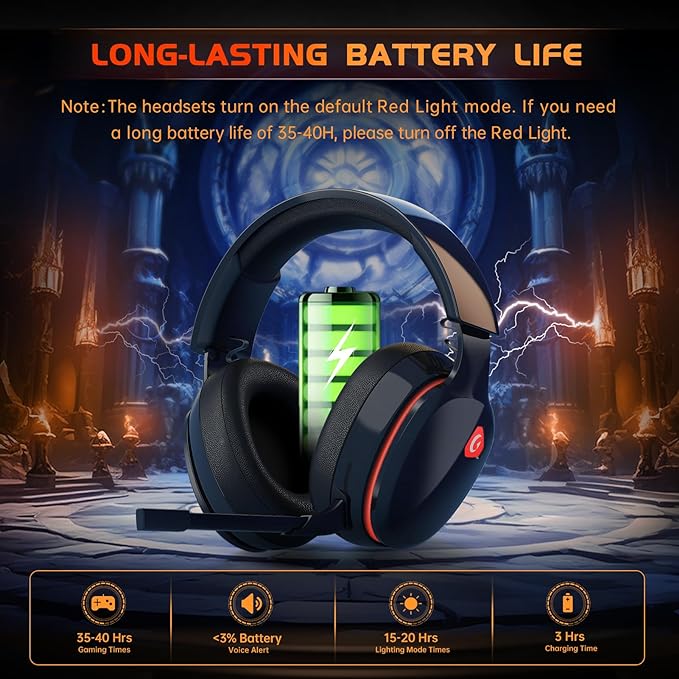 Gtheos 2.4GHz Wireless Gaming Headset for PS5, PS4 Fortnite & Call of Duty/FPS Gamers, PC, Nintendo Switch, Bluetooth 5.3 Gaming Headphones with Mic, Stereo Sound, Red Light -BlackRed