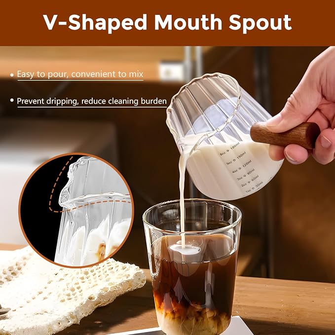 YARRAMATE Silver Powerful Milk Frother Wand & 180ML Glass Measuring Cups