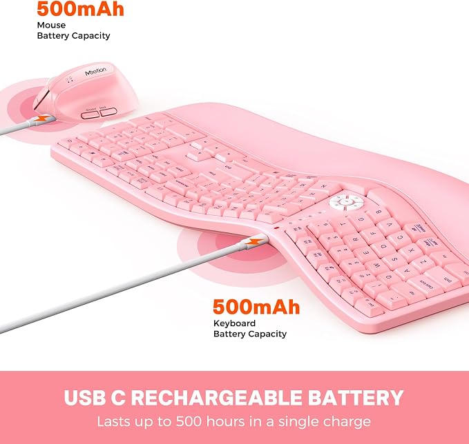 MEETION Ergonomic Keyboard and Mouse Combo, 2.4G Cordless Split Keyboard with Cushioned Palm Rest, Vertical Wireless Mouse, Natural Typing Full Size Keyboard, for Windows/Mac Pink