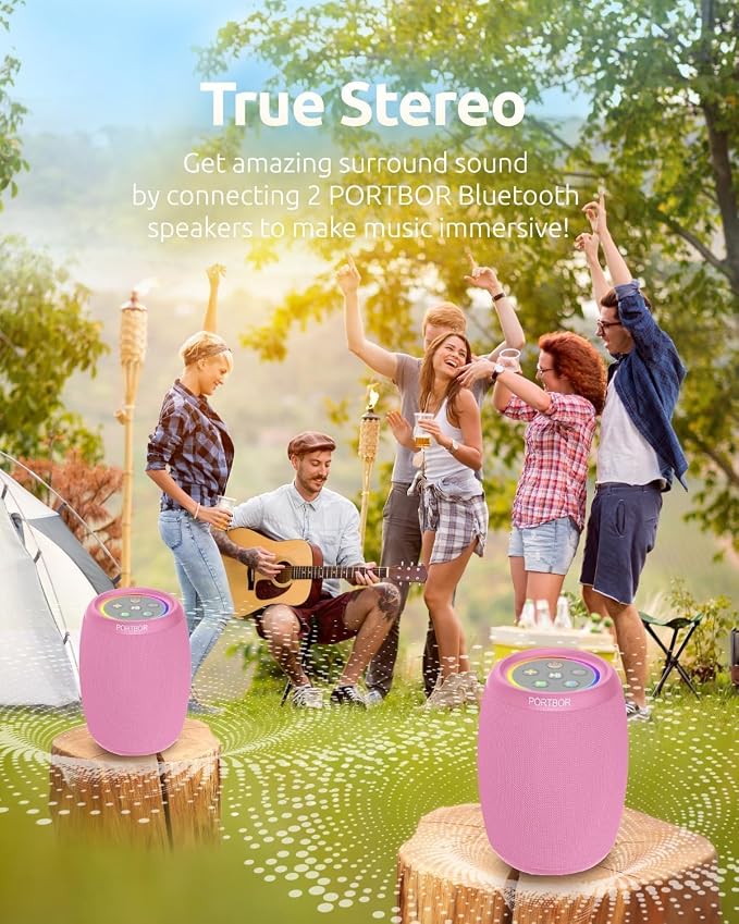 Portable Bluetooth Speaker with Lights, Powerful Stereo Loud Sound Wireless Small Speaker, IPX5 Waterproof, BT5.3, TWS Pairing, for Outdoor/Home/Party/Beach/Shower, Birthday Holiday Electronic Gift