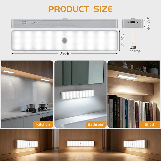 Racokky Under Cabinet Lights, 6 Pack Rechargeable Motion Sensor Closet Lighting, Dimmable RV Step Lights Stick-Anywhere LED Night Bar for Kitchen, Wardrobe, Stairs (White)