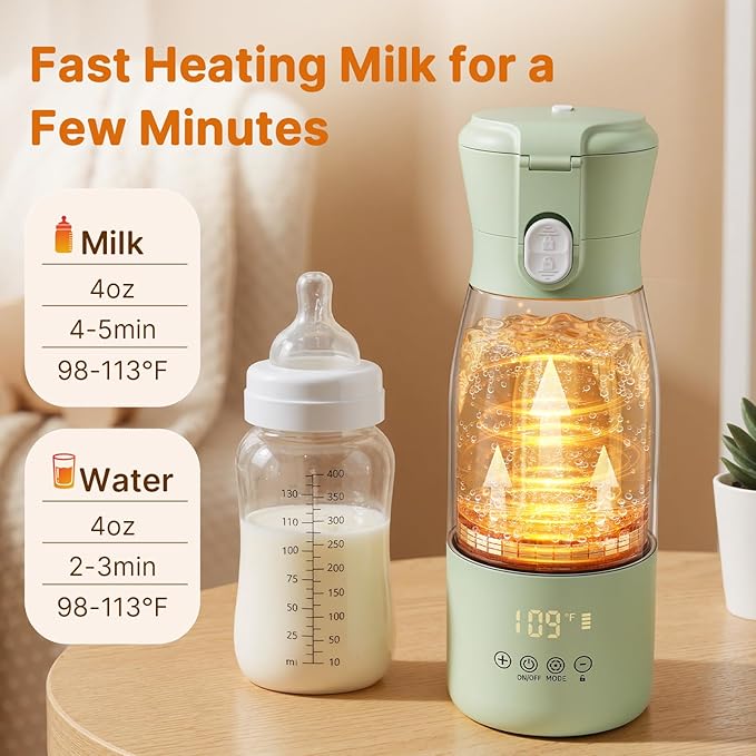 Portable Baby Bottle Warmer, 16000mAh Rechargeable Travel Milk Warmer with 7 Temp Settings, 316 Stainless Steel Fast Heating Leak-Proof Bottle Warmer for Breastmilk & Formula, Night Feeds & On the Go