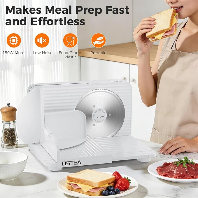 OSTBA Foldable Electric Food Slicer, Adjustable Thickness 0–15mm, 6.7” Stainless Steel Blade, 150W Motor, Portable & Easy-to-Clean Meat, Cheese, Bread, and Vegetable Slicer for Home Kitchen, White