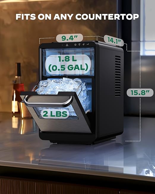 Silonn Crescent Ice Maker Countertop, Slow Melting & Crystal-Clear Ice, Self-Cleaning Ice Machine with Adjustable Ice Thickness & Timer Function, 16 Pcs in 15 Mins, 2000 Pcs per Day