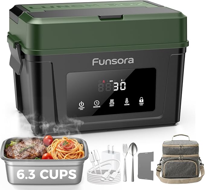 Cordless Heated Lunch Box 6.3Cups Electric Lunch Box 24000mAh Rechargeable Battery Fast 5-Sided Heating Self Heating Food Warmer Smart Timer Lunch Box for Work Travel Truck
