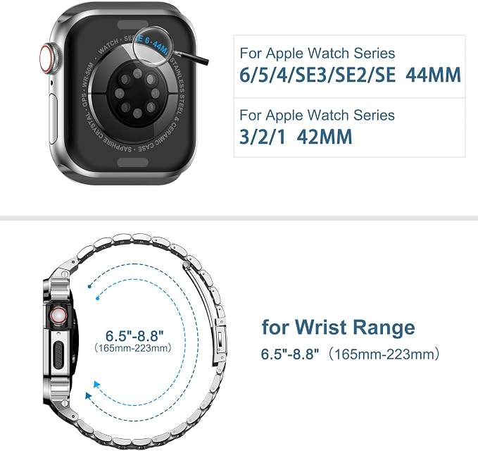 MioHHR Stainless Steel Watch Band with Case Compatible with Apple Watch Series 6 5 4 SE3/2/1(44mm) Series 3/2/1(42mm),Rugged Strap with Metal Protective Bumper Cover for iWatch Band Men(Silver)