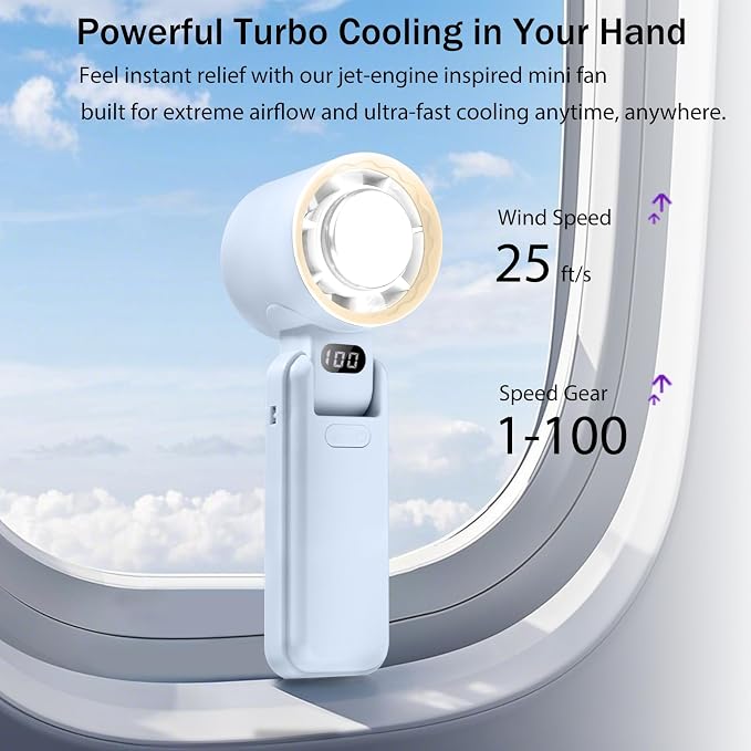 Handheld Portable fan with Turbo Cooling Ice Cooler- Hand Held Fan Rechargeable,100 Speed, 20H Battery Life 3600mAh, Powerful Mini Personal Fan for Travel, Outdoor, Beach, Makeup, Summer Use