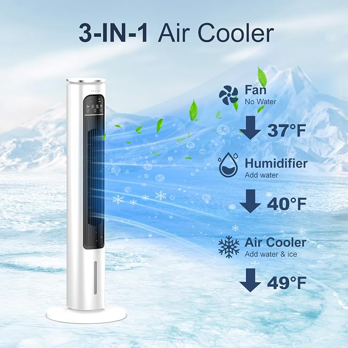 Windowless Portable Air Conditioner Ac Unit with Remote,Evaporative Air Cooler,Swamp Cooler for 4 Modes, 12H Timer, Removable Water Tank,Ice Packs,CoolingTower Fan for Bedroom,Outdoor,Indoor White