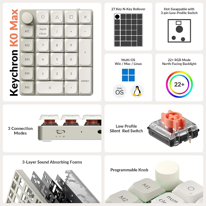 Keychron K0 Max QMK Wireless Custom Number Low-Profile RGB Backlit (Hot-Swappable) Silent Red Switch Keypad, 2.4 GHz & Bluetooth 5.3 Connection, 1000Hz Polling Rate - Retro Version