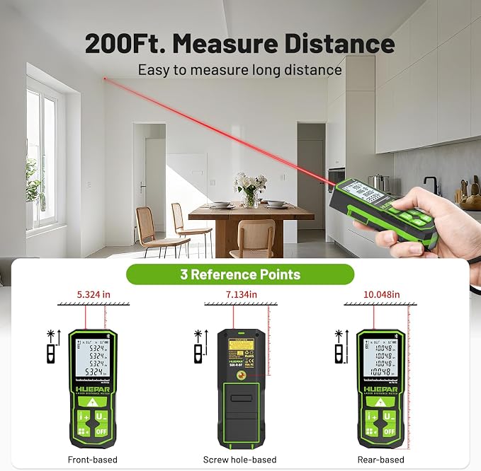 Huepar 200Ft Laser Measuring Tool with APP Control, 5-Year Warranty, Rechargeable Bluetooth Distance Meter, 1/16" High Accuracy, M/In/Ft Unit, Angle Sensor, Multiple Modes, IP54, for Home&Construction