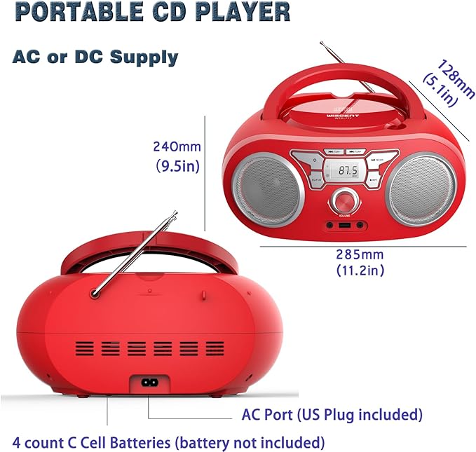 Portable CD Player Boombox with Bluetooth, FM Radio, USB Input, 3.5mm AUX and Headphone Jack, Clear Stereo Sound