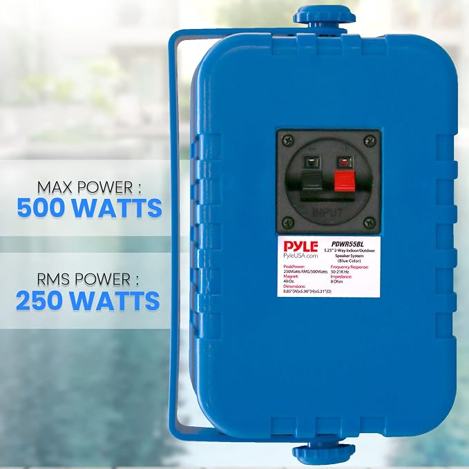 Pyle Indoor Outdoor Speakers Pair - 500 Watt Dual Waterproof 5.25” 2-Way Full Range Speaker System w/ 1/2” High Compliance Polymer Tweeter - in-Home, Boat, Marine, Deck, Patio, Poolside (Blue)