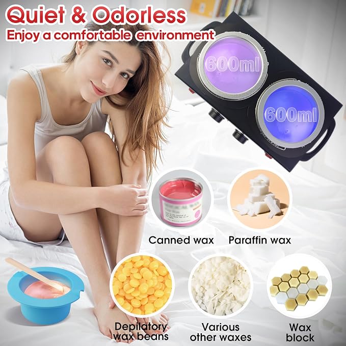 Wax Warmer for Hair Removal, Professional Waxing Heater Pot with Adjustable Temperature for Women Men, with 20 Wooden Wax Sticks (Black-Double Pots)