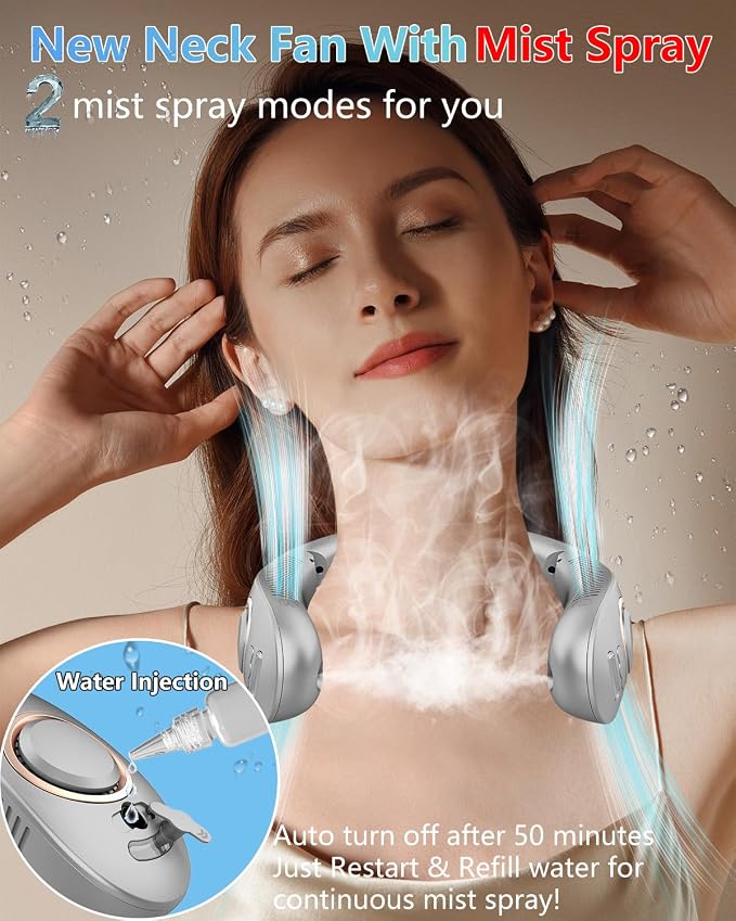 Neck Fans Portable Rechargeable,4000Mah Neck Fan with Mist Spray,Bladeless Folding Fans that Blow Cold Air,Leafless Hanging USB-C Battery Operated Neck Coolers for Hot Weather