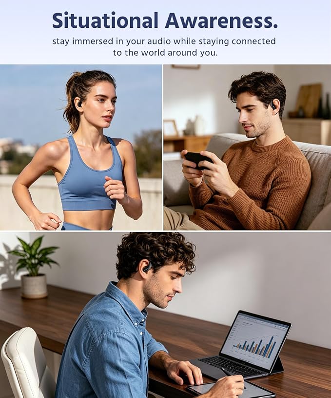 Open Ear Earbuds, Soft Earhook, 56H Playtime, Bluetooth 6.0, Bass | True wireless over ear headphones, Ergonomic fit, Powerful sound, AI clear call mic, IP55 waterproof for work, sport, Black