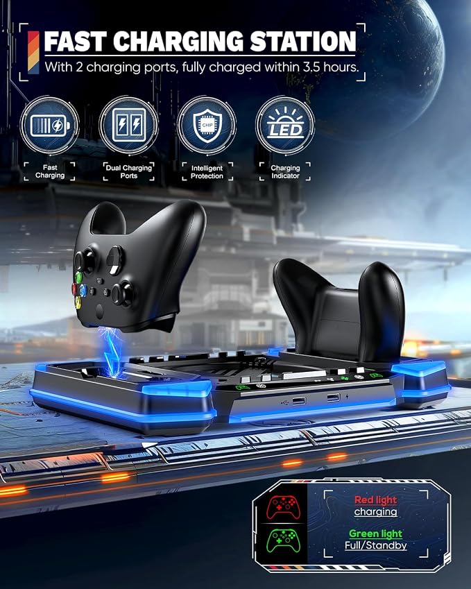 Top Auto Cooling Fan & Charge Stand for Xbox Series X Console with 11 Light Modes, Accessories Controller Wireless Charger Dock, 2*1400mAh Rechargeable Batteries, Headset Stand & Game Disc Storage