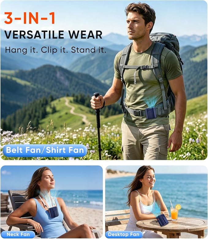 AI Portable Waist Fan, 6-Speed 15,000RPM Strong Turbo Airflow, 30H Cooling Battery Powered Personal Fan Rechargeable, Wearable Hands-Free Shirt/Belt/Body Fan for Travel, Work, Outdoor, Blue