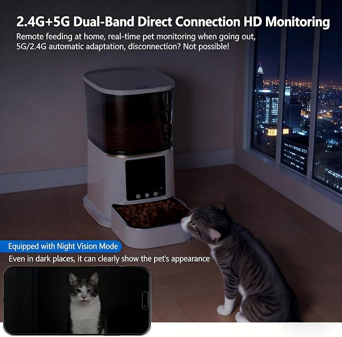 Automatic Pet Feeder with 4.1" Screen and 2K Camera, 2.4G and 5G WiFi Connection Cat Feeder, Automatic Feeder for Cat and Dog with Night Vision