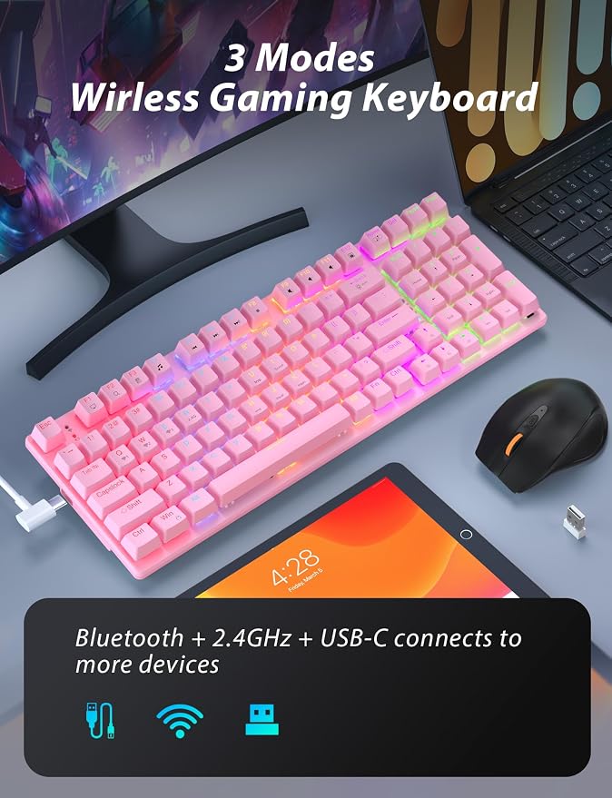 Wireless Mechanical Gaming Keyboard and Mouse Combo, 98 Keys RGB Backlit Rechargeable 2000mAh Battery, 3-Mode BT5.0/2.4G/USB-C (Pink)