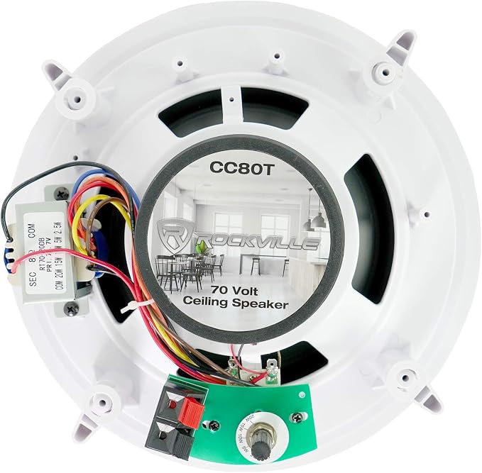 Rockville Pair CC80T White 8" 70V Commercial Ceiling Speakers | 2-Way, Adjustable Taps 20W, 15W, 10W, 5W, 2.5W, Swivel Tweeter, 8-Ohm 50W Handling, for Restaurant/Bar/Cafe Use