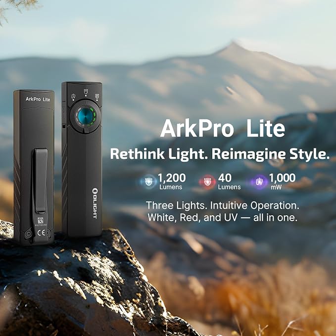 OLIGHT ArkPro Lite Flat Pocket Flashlight, Rechargeable Portable 1200 Lumens with White LED, Red Light, and UV Light, Triple Sources for Pet Urine Detection, Camping, Emergency, Working (Matte Black)