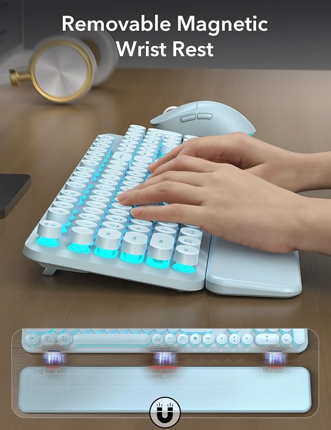 Wireless Keyboard and Mouse Backlit - Typewriter Keyboard with Detachable Wrist Rest, Light Up Letters, 2.4G Rechargeable Combo for Mac, Windows, PC, Laptop, Trueque (Blue)