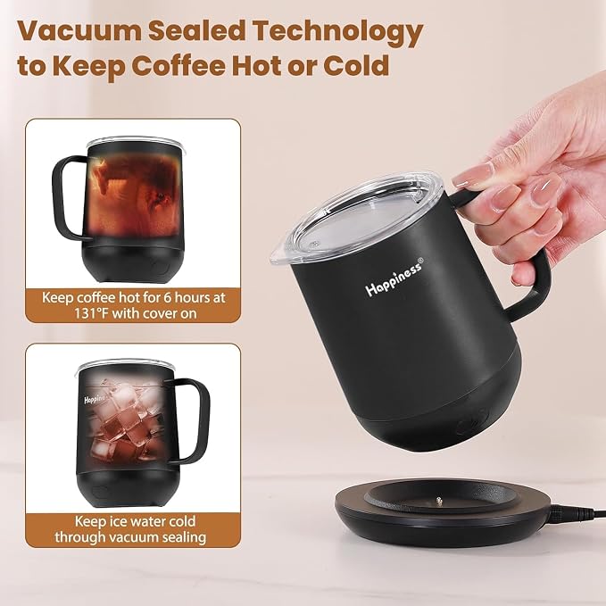 Happiness Smart Heated Coffee Mug 12oz,Rechargeable Electric Self Heating Temperature Control Coffee Cup Gifts for Mom Dad Women Men