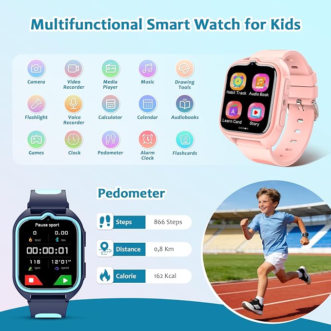 Blackview Kids Smart Watch with 32 Puzzle Games, HD Camera & Video Recording, 1.75" Touch Screen, Flashlight,Music Player, Pedometer, Alarm Clock,Stopwatch,Kids Watch for Boys Ages 4-12