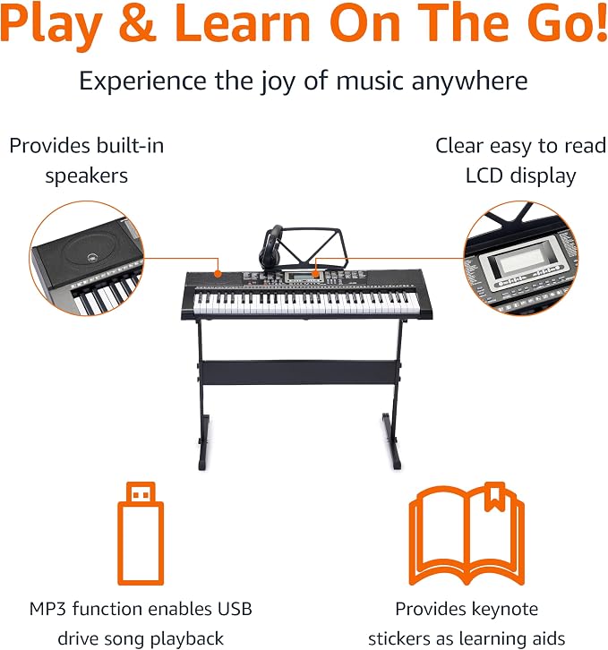 Amazon Basics Portable Electric Keyboard Piano with 61 Full Size Keys, Built-in Speakers, Songs for Learning, Digital Piano, Black