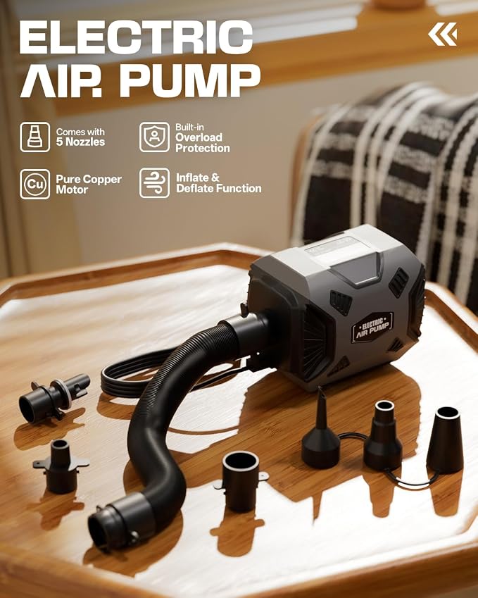 Electric Air Pump for Inflatables: Powerful AC 120V Air Mattress Pump with 5 Nozzles and Hose, Fast Inflation & Deflation for Gymnastics Track Mat, Pool Float, Raft