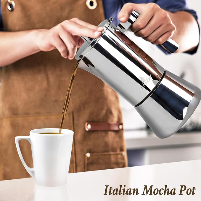 LAOION Stovetop Espresso Maker, 6Cup 10 oz Moka Pot, Stainless Steel Cuban and Italian Coffee Maker for Cafetera Cubana, Greca De Cafe Induction Stovetop Compatible, Coffee Gift for Home Travel