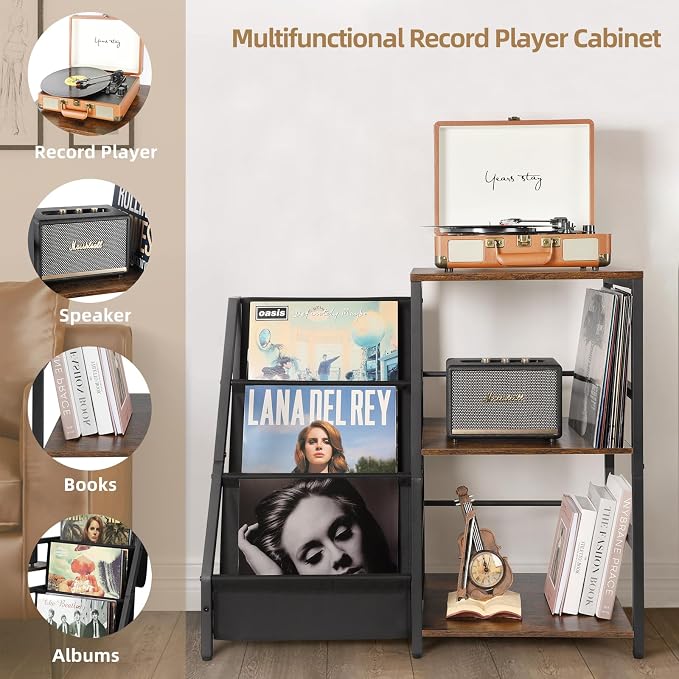 Bikoney Record Player Stand, Turntable Stand with 3-Tier Vinyl Record Storage, Record Player Table Holds Up to 200 Albums, End Table for Vinyl Records, Vinyl Record Holder Cabinet for Living Room