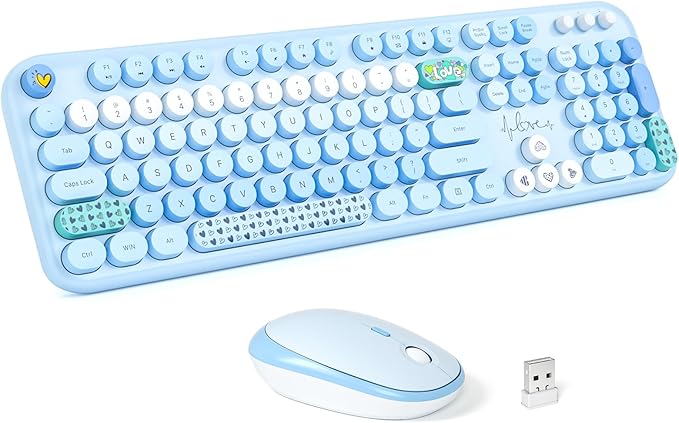 MOFII Wireless Keyboard and Mouse Combo - Pale Blue Full Sized Plug and Play Colorful Computer Keyboards - 104 Keys Round Keycap USB 2.4G Cute Keyboard for Windows/Laptop/Mac/Desktop/PC
