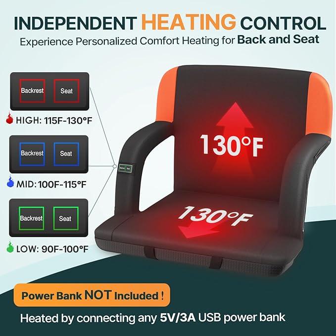 HOPERAN Dual-Sided Heated Stadium Seats for Bleachers with Back Support, 3 Levels Heating Bleacher Seats with Backs and Cushion Wide, 5 Pockets Portable Stadium Chair for Outdoor Sports (Orange)