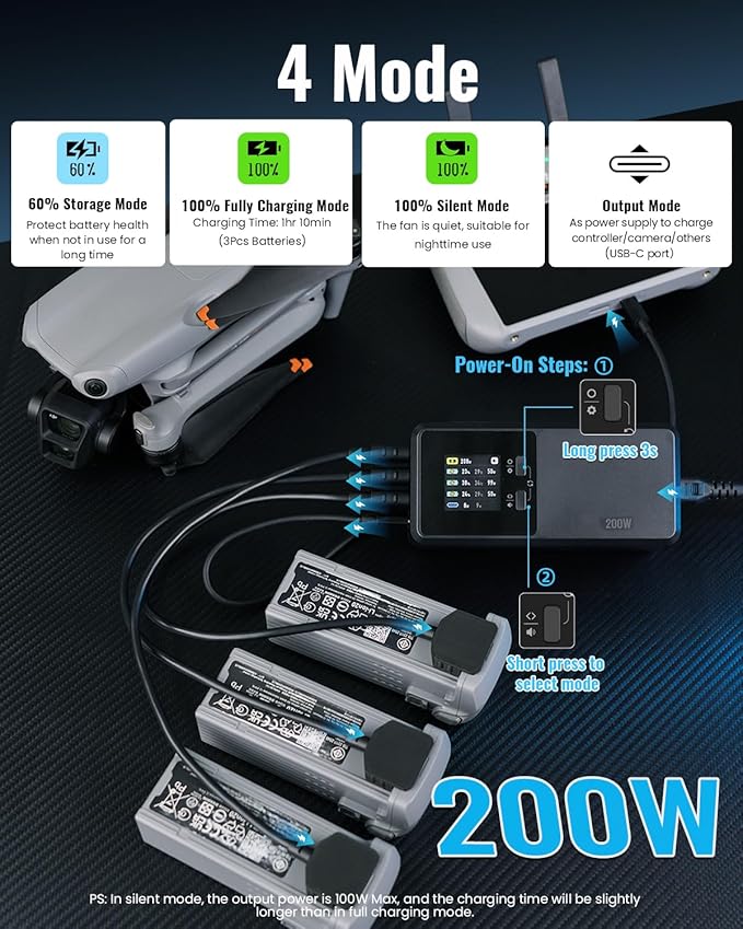LKTOP 200W Air 3/Air 3S Parallel Charging Hub Fast Battey Charger Kit for DJI/Specta Air3 Series Drone Accessories, 60% Storage/Silent/Output Mode, LCD Screen Display (Charge 3 Batteries: 1hr 10min)