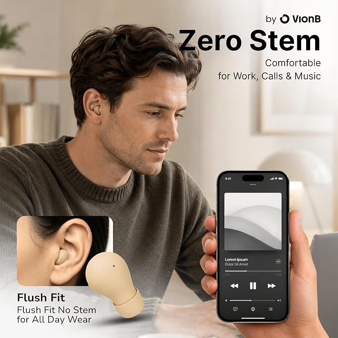 Air Skin Tones Invisible Earbuds for Small Ears - Wireless Bluetooth 5.4, Skin-Matching Mini Stemless Ear Buds, IPX5 Waterproof, ENC Noise Cancelling (Light Bisque)