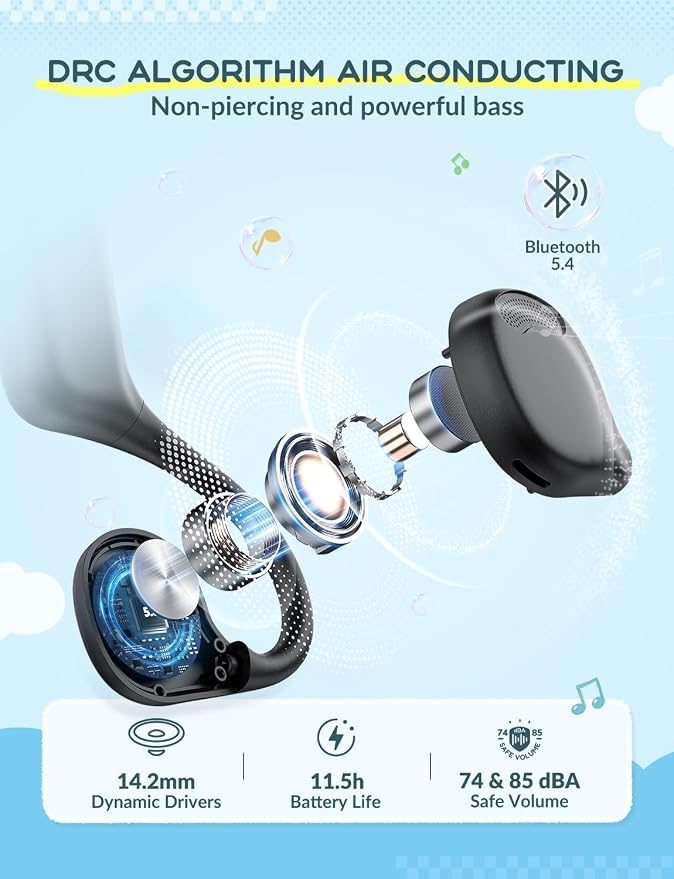 iClever Kids Bluetooth Headphones, Air Conduction Open Ear Headphones, Safe Volume 74&85dBA, 360° Bending Resistance Durable, 11.5H Playtime, Bluetooth 5.4 Kids Wireless Headphones for Travel/School