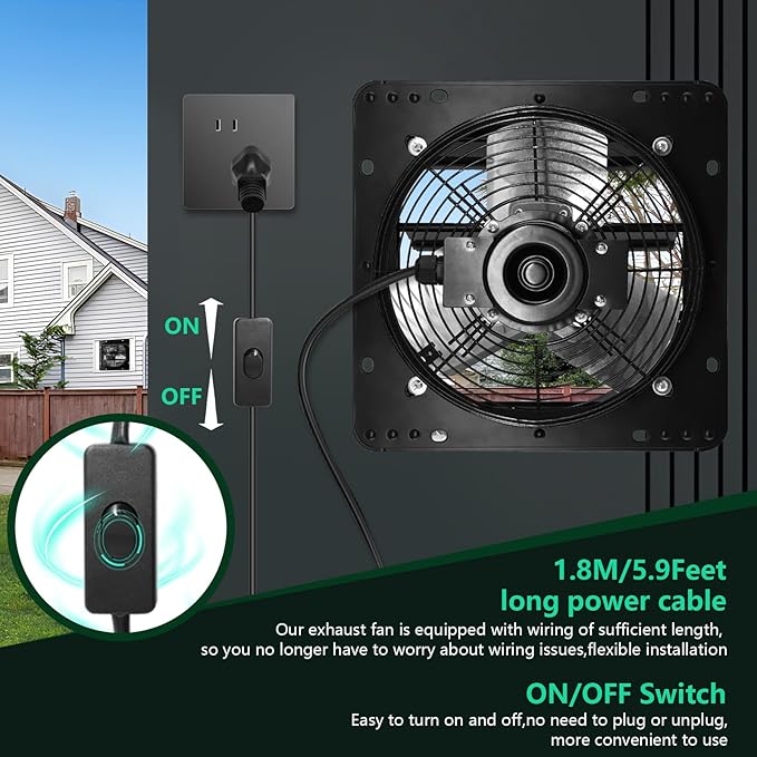 10 Inch Shutter Exhaust Fan,Wall Mount Ventilator Fan with ON/OFF Switch,Attic Chicken Coops Vent Fan for Greenhouse, Gable, Barn, Garage, Shed Ventilation Fans 647CFM,1700 RPM