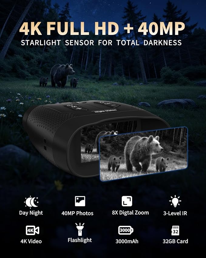 Night Vision Binoculars for Adults, 4K Night Vision Goggles with 3" HD Screen, 8X Digital Zoom, Rechargeable Device with 32GB Card for Camping & Outdoor Exploration