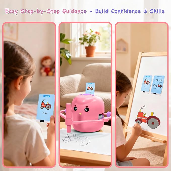 Drawing Robot for Kids, Voice Interactive Educational Drawing Machine with 150 Drawing Cards, Montessori Learning Toys for Kids Ages 3-8, for Boys & Girls (Pink)