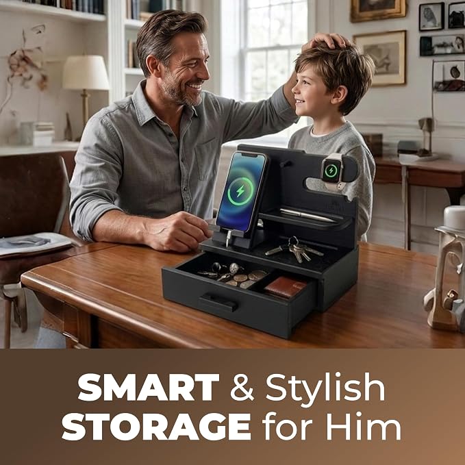 TESLYAR Wood Phone Docking Station with Drawer - Nightstand Organizer - Desk Organizer for Husband - Birthday Gifts for Men, Dad, Anniversary Idea, Key Holder Stand Watch & Accessories (Granite Black)