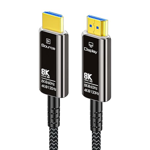 100FT Fiber Optic HDMI Cable 8K with Hard Wear Nylon Braided HDMI 2.1 Cord, Supports 8K@60Hz 4K@120Hz Ultra High Speed 48Gbps Dynamic HDR, Male-to-Male
