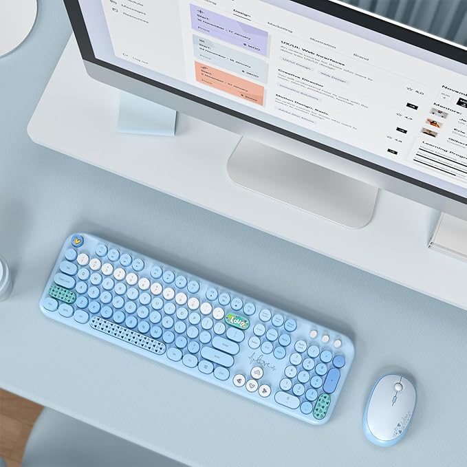 MOFII Wireless Keyboard and Mouse Combo - Pale Blue Full Sized Plug and Play Colorful Computer Keyboards - 104 Keys Round Keycap USB 2.4G Cute Keyboard for Windows/Laptop/Mac/Desktop/PC
